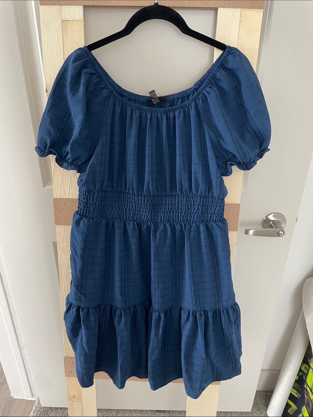 Girls Navy Puff Sleeve Smocked Waist Casual Dress